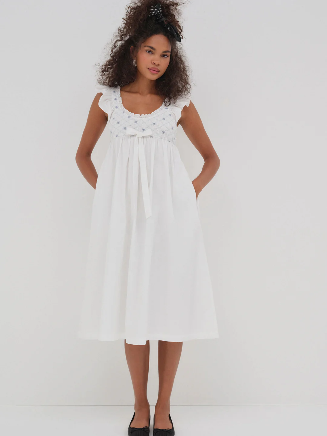Birdie Bow Smocked Midi Slip Dress — White