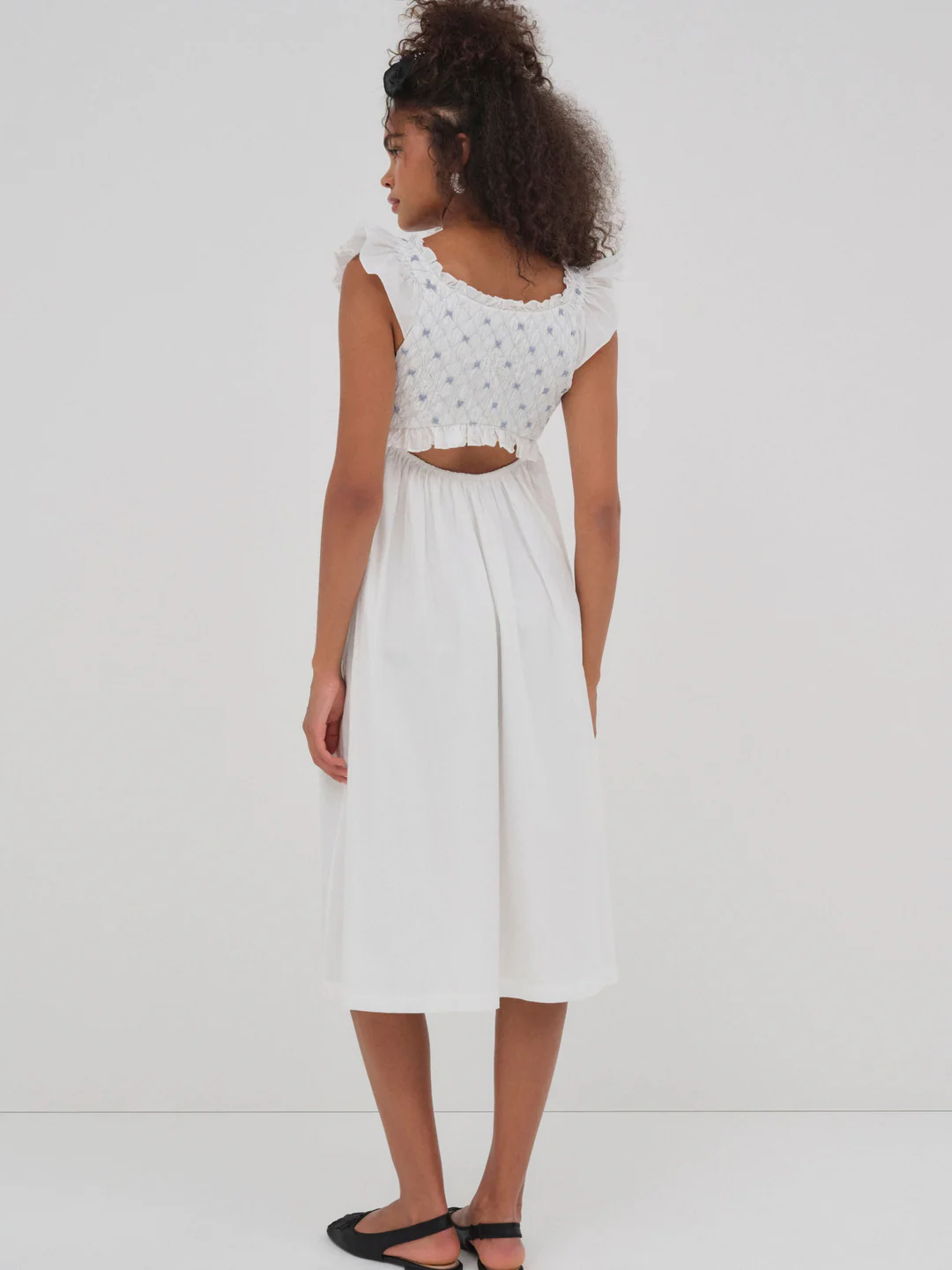 Birdie Bow Smocked Midi Slip Dress — White