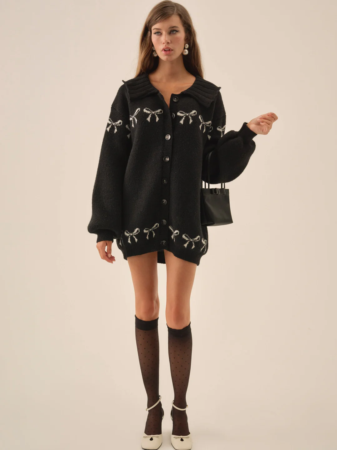 Bow Intarsia Knit Sweater — Black 3 Bow Intarsia Knit Sweater — Black