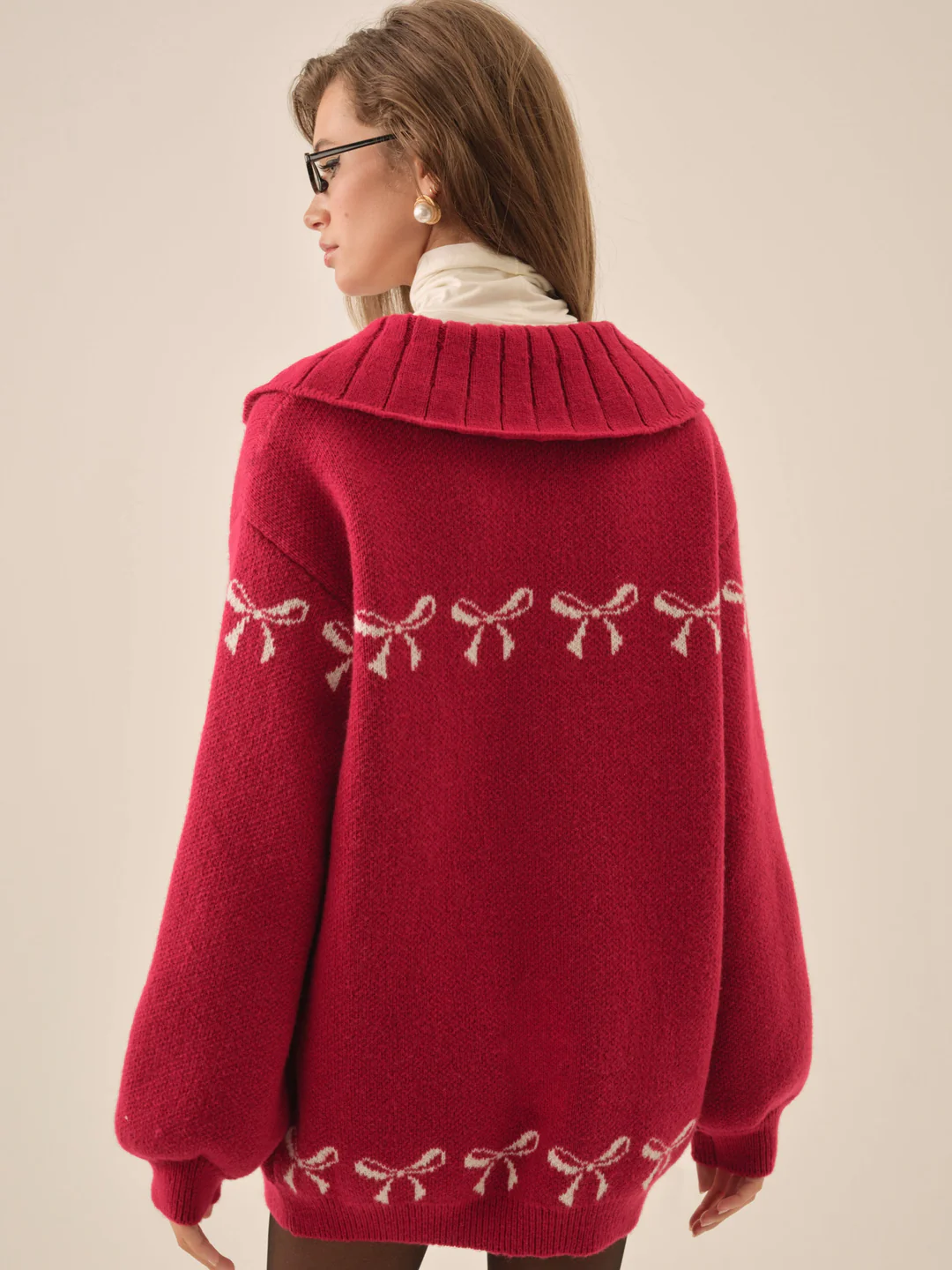 Bow Intarsia Knit Sweater — Red 3 Bow Intarsia Knit Sweater — Red