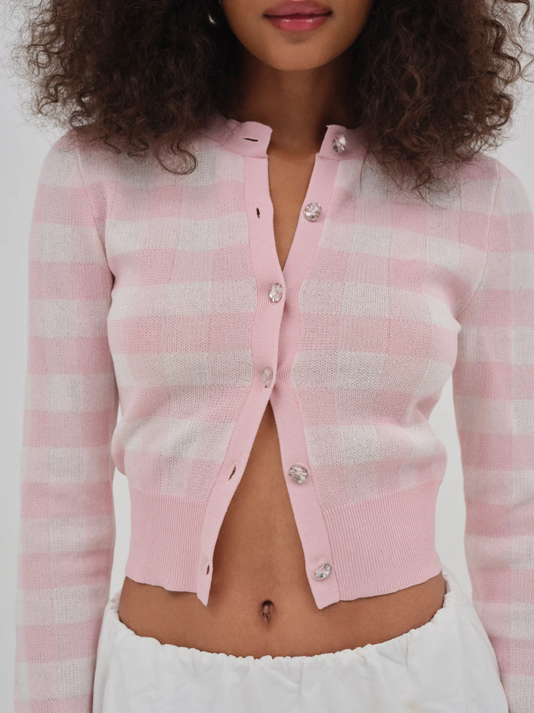 Brushed Gingham Knit Cardigan — Pink
