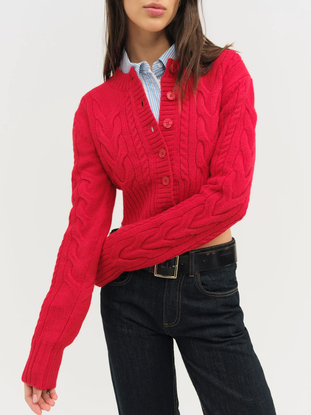 Camille Cable Knit Cardigan — Red