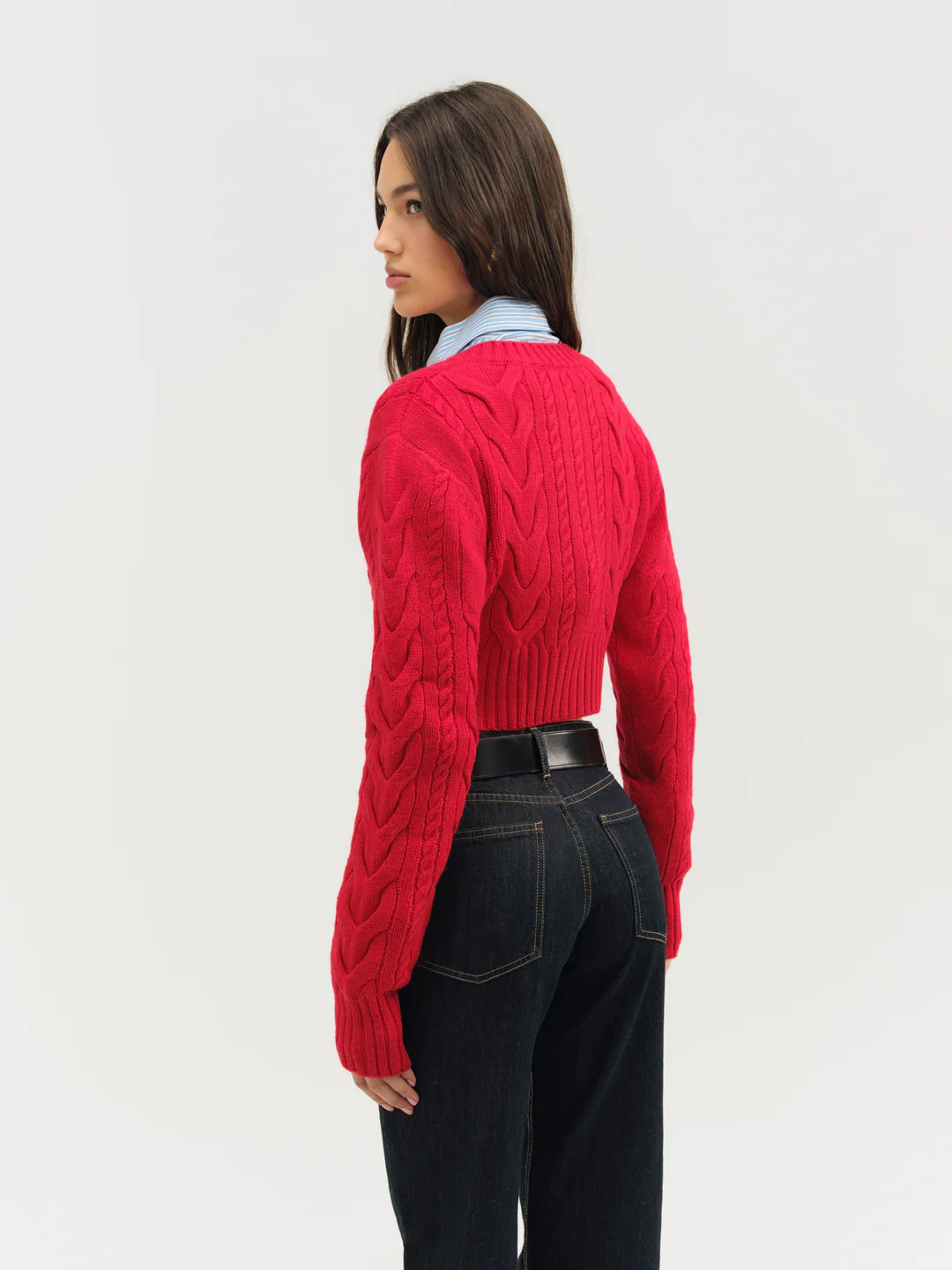 Camille Cable Knit Cardigan — Red 3 Camille Cable Knit Cardigan — Red
