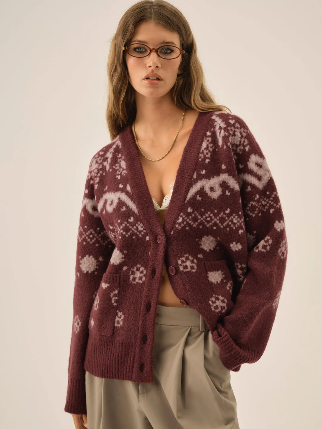 Arabella Intarsia Chunky Cardigan — Mauve
