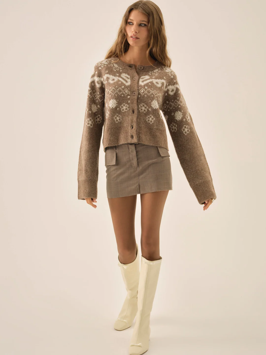 Arabella Intarsia Crewneck  Cardigan — Brown