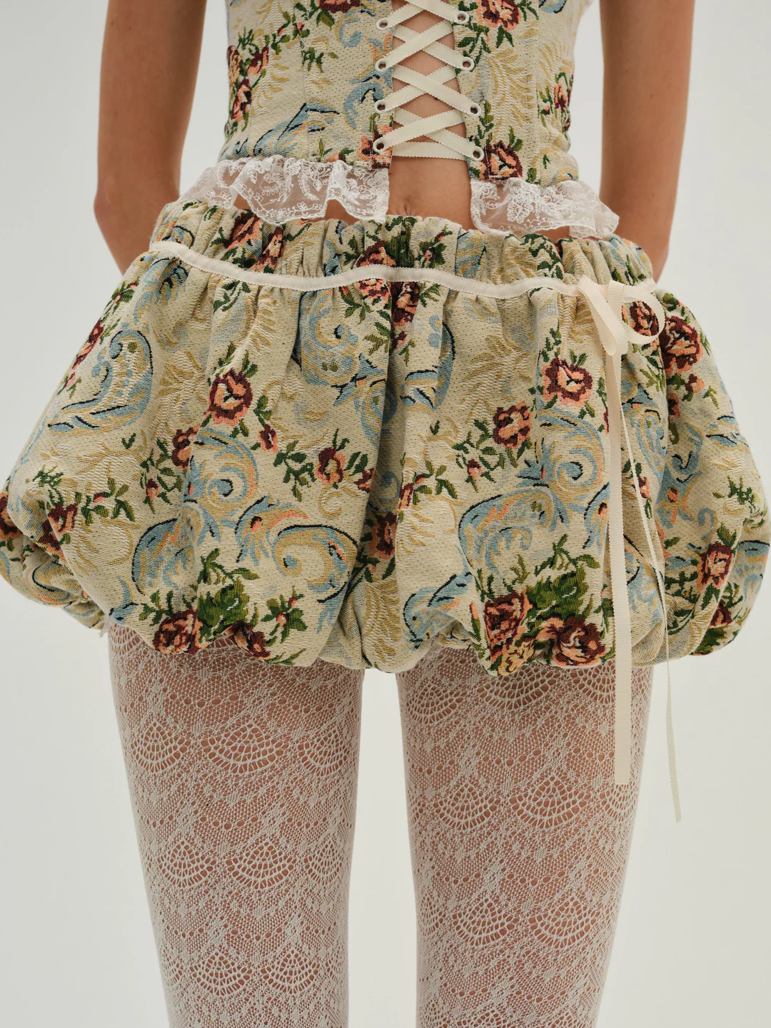 Baroque Jacquard Mini Bubble Skirt — Blue