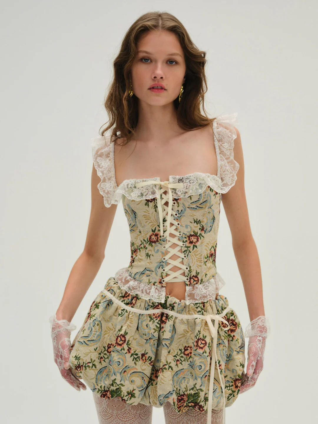 Baroque Jacquard Mini Bubble Skirt — Blue